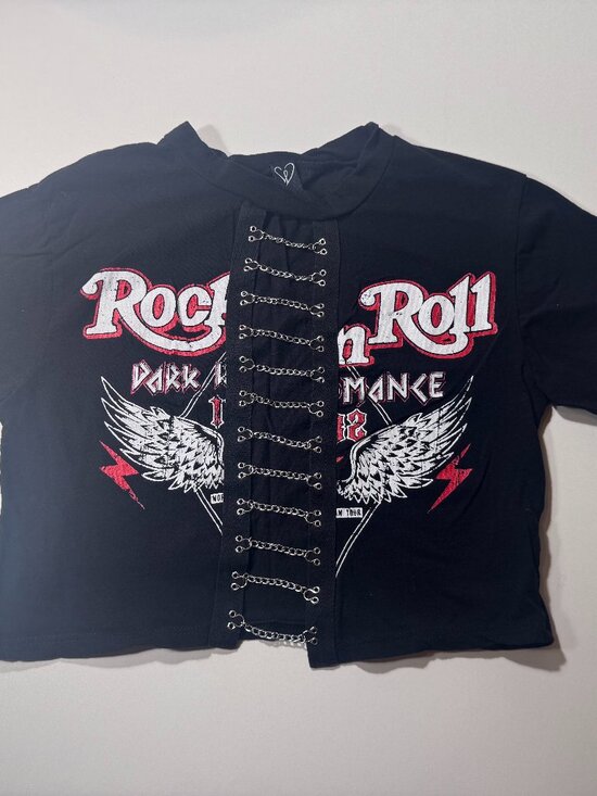 Windsor Tops - Women’s Black Rock Graphic Chain Corset Lace Up Tee Y2K Punk